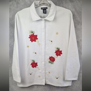 Cottage Street 2X Poinsettia Button Down With Applique, Embroidery And Bells